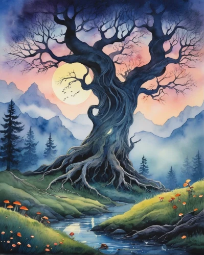 watercolor tree,celtic tree,painted tree,flourishing tree,magic tree,yggdrasil,mirkwood,the branches of the tree,oak tree,isolated tree,forest tree,tree of life,landscape background,the roots of trees,lone tree,watercolor pine tree,tree and roots,watercolor background,cedarbaum,druidism,Art,Artistic Painting,Artistic Painting 47