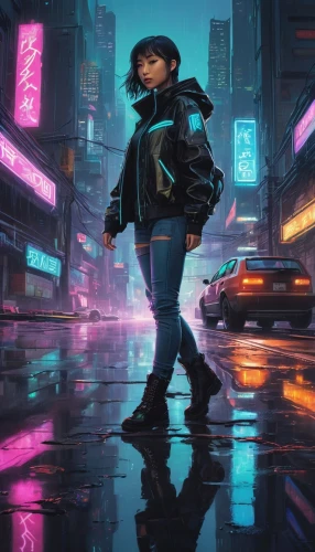 cyberpunk,pedestrian,walking in the rain,akira,bladerunner,urban,kinkade,cybercity,girl walking away,cyberpunks,futuristic,cityzen,cybertown,cyberia,world digital painting,nima,junipero,protagonist,synth,emara,Illustration,Japanese style,Japanese Style 15