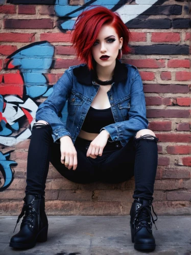 red brick wall,red bricks,denim background,red brick,brick wall background,red hair,goth woman,milholland,grungy,redhair,frontwoman,punk,grunge,red head,brick wall,rock chick,subcultures,pleather,leather jacket,leathered,Illustration,Japanese style,Japanese Style 05