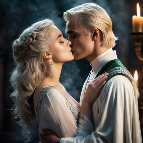 celeborn,frary,white rose snow queen,rhydian,findel,melian,ermione,finrod,mirkwood,shippen,lestat,eternal snow,carlisle,romantic scene,gabrielsson,imerys,targaryen,thranduil,romantic portrait,beautiful couple,Illustration,Realistic Fantasy,Realistic Fantasy 43