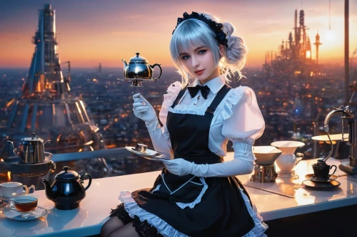 parisian coffee,paris cafe,tea time,tea party,teatime,waitress,soda fountain,tea service,cafe,maid,high tea,afternoon tea,rem,lavazza,doll kitchen,waitstaff,pouring tea,tea drinking,ciel,tea party collection,Photography,General,Fantasy