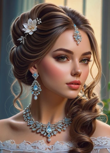 bridal jewelry,romantic look,diadem,jewellry,adornment,jeweller,princess' earring,noblewoman,jeweled,bejeweled,jewellery,romantic portrait,arundhati,jewellers,filigree,boho art style,pearl necklace,bridewealth,margairaz,gift of jewelry,Illustration,Realistic Fantasy,Realistic Fantasy 27