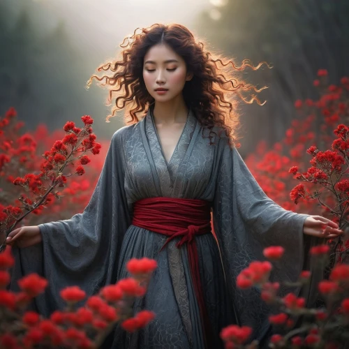 japanese woman,beautiful girl with flowers,mongolian girl,red petals,hanbok,mystical portrait of a girl,geisha girl,geisha,girl in flowers,hanfu,inner mongolian beauty,splendor of flowers,way of the roses,suzong,oriental princess,asian woman,vietnamese woman,japanese floral background,passion bloom,romantic portrait,Photography,Documentary Photography,Documentary Photography 22