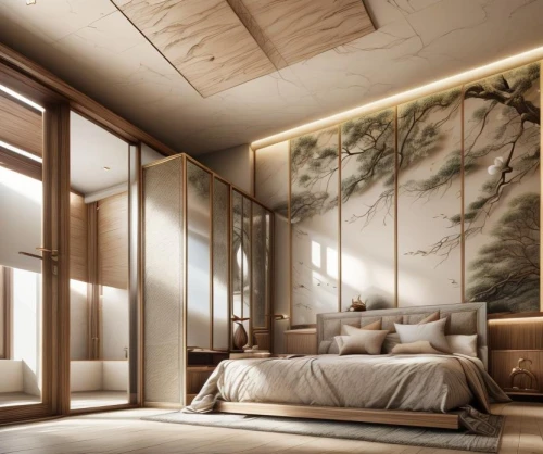 japanese-style room,sleeping room,bamboo curtain,modern room,bedrooms,bedroom,chambre,wallcoverings,amanresorts,great room,bedchamber,fromental,wallcovering,gournay,luxury home interior,contemporary decor,3d rendering,guest room,headboards,interior modern design