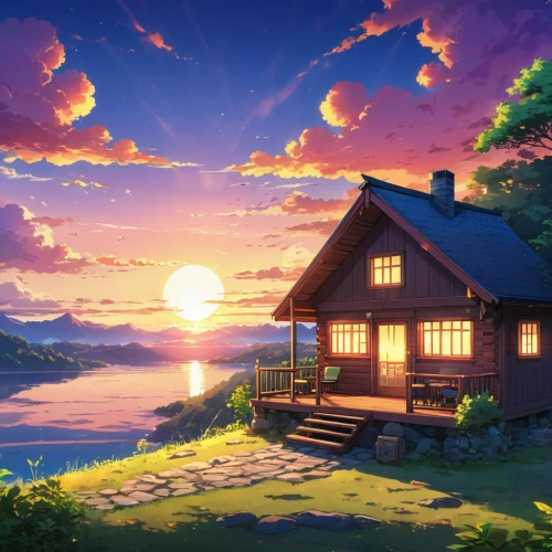 summer cottage,butka,cottage,home landscape,landscape background,wooden house,house with lake,house by the water,dreamhouse,lonely house,beautiful wallpaper,summer evening,the cabin in the mountains,beautiful home,houseboat,small cabin,little house,idyllic,windows wallpaper,full hd wallpaper,Illustration,Japanese style,Japanese Style 03