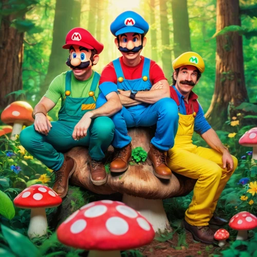 super mario brothers,mario bros,toadstools,plumbers,marios,paisanos,forest mushrooms,shrooms,lumbers,caballeros,club mushroom,spelunkers,mario,forest workers,mushrooms,happy children playing in the forest,mushroom island,mushrooming,eux,funguses,Conceptual Art,Sci-Fi,Sci-Fi 27