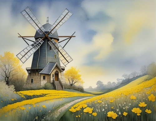 windmill,dutch windmill,old windmill,molen,the windmills,moulin,historic windmill,wind mill,windmills,springtime background,windpump,wind mills,windmill gard,watermill,dutch landscape,mill,holland,spring background,the netherlands,post mill,Illustration,Realistic Fantasy,Realistic Fantasy 03