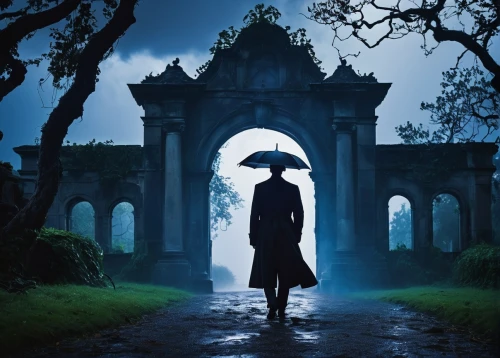 man with umbrella,photo manipulation,schierstein,blue rain,monsoon banner,gothic woman,photoshop manipulation,isoline,schierholtz,monsoon,saawariya,gothic style,woman silhouette,schierke,fantasy picture,oscura,dark gothic mood,photomanipulation,dark park,creative background,Conceptual Art,Oil color,Oil Color 14