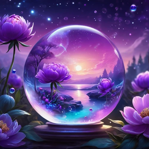 crystal ball,crystal ball-photography,purple landscape,purple wallpaper,fantasy picture,fairy world,purple,fairy galaxy,fantasy landscape,purple moon,full hd wallpaper,landscape background,crystalball,3d fantasy,beautiful wallpaper,mirror in the meadow,nature background,flower ball,transparent background,glass sphere,Illustration,Realistic Fantasy,Realistic Fantasy 01