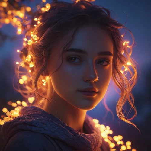 mystical portrait of a girl,fairy lights,girl in a wreath,fireflies,garland of lights,fantasy portrait,luminous,luminous garland,romantic portrait,twinkly,kahila garland-lily,bokeh lights,magical,drawing with light,lights,glowing antlers,twinkled,golden wreath,firelight,girl portrait,Photography,Documentary Photography,Documentary Photography 16