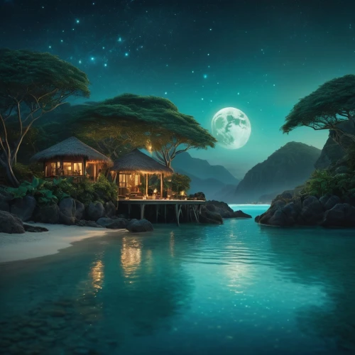 moonlit night,fantasy picture,fantasy landscape,emerald sea,moonlit,moonlight,ocean paradise,full hd wallpaper,dreamscapes,moon at night,moonlighted,moon and star background,landscape background,dream beach,moonrise,neverland,an island far away landscape,tropical island,romantic night,beautiful landscape,Photography,General,Cinematic
