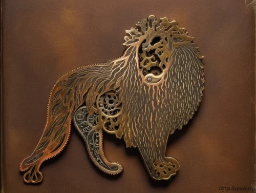 lalique,head plate,wood carving,lacquerware,carved wood,lion,heraldic animal,woodburning,marquetry,metal embossing,lion capital,leatherwork,lion head,embossed,female lion,manticore,two lion,embossed rosewood,goldlion,masashige,Illustration,Realistic Fantasy,Realistic Fantasy 13