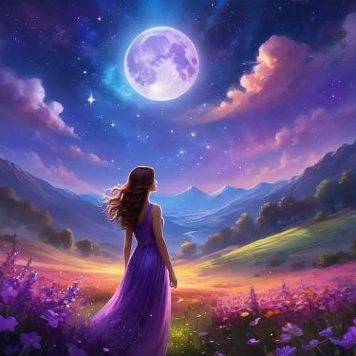 purple moon,moon and star background,fantasy picture,purple landscape,blue moon rose,moonbeams,dreamtime,moonchild,moonlit night,dreamscapes,moonlight,the moon and the stars,moonflower,dreamscape,la violetta,moonlit,moonlighted,the night sky,moon and star,dream world,Illustration,Realistic Fantasy,Realistic Fantasy 01