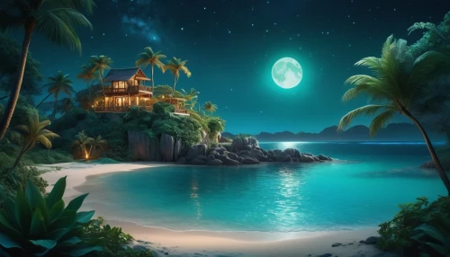 ocean paradise,tropical island,fantasy picture,an island far away landscape,dream beach,moon and star background,tropical house,islet,tropical sea,fantasy landscape,ocean background,delight island,underwater oasis,emerald sea,island,islands,island suspended,paradisus,moonlit night,sea night,Photography,General,Cinematic