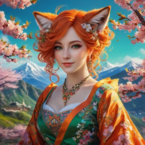 fantasy portrait,fantasy picture,blossom kitten,triss,flower cat,ostara,spring background,springtime background,fae,fantasy art,kittani,japanese sakura background,orange petals,fireheart,spring blossoms,portrait background,spring blossom,fairie,kitsune,titania,Photography,General,Fantasy