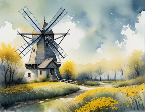 windmill,old windmill,the windmills,wind mill,windmills,watercolor background,moulin,watermill,windpump,dutch windmill,molen,historic windmill,wind mills,springtime background,water mill,watercolor,mill,old mill,windmill gard,watercolor painting,Illustration,Paper based,Paper Based 07