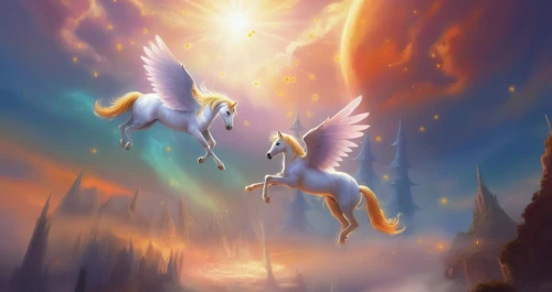 pegasi,pegasys,unicorn background,pegasus,tailwinds,celestia,pegaso,fantasy picture,unicorn art,licorne,aegaleo,soaring,archangels,sunburst background,daybreaker,cygnes,phoenixes,fairies aloft,griffons,buraq,Illustration,Realistic Fantasy,Realistic Fantasy 01