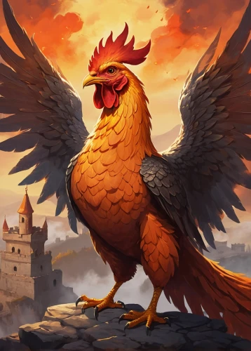 chakavian,uniphoenix,phoenix rooster,cockerel,megapode,phoenixes,griffin,poussaint,gryphon,gryfino,griffon,simurgh,gryphons,gallirallus,coq,garrison,fenix,phenix,polish chicken,ravenscrag,Illustration,Japanese style,Japanese Style 06