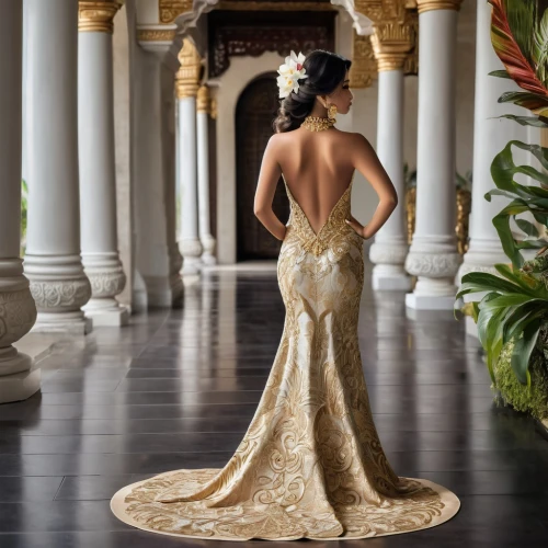 bridal gown,evening dress,a floor-length dress,girl in a long dress from the back,bridal dress,elegante,ball gown,eveningwear,wedding gown,gold filigree,back view,bridal suite,ballgown,golden weddings,filipiniana,elegance,bridal,ballgowns,backless,elegant,Photography,Fashion Photography,Fashion Photography 04