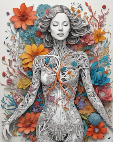 bodypainting,body painting,female body,bodypaint,flora,paper art,body art,neon body painting,girl in flowers,lymphatic,floral heart,heart flourish,symbioses,biophilia,vespertine,flower art,cancer illustration,rib cage,to flourish,nurtures,Illustration,Black and White,Black and White 05