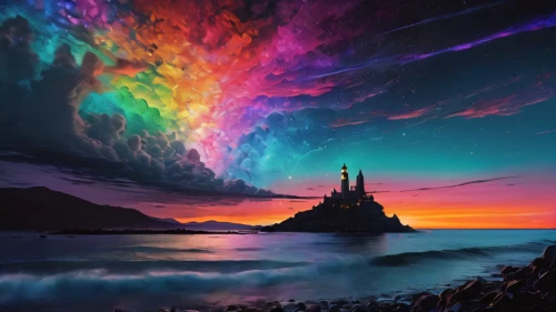 mont saint michel,fantasy picture,fantasy landscape,mont st michel,rainbow clouds,colorful background,colorful light,northen lights,epic sky,splendid colors,intense colours,3d fantasy,background colorful,rainbow and stars,dreamscape,unicorn background,fantasy art,rainbow colors,fairytale castle,rainbow background,Photography,General,Fantasy