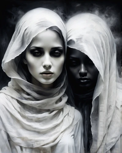 priestesses,norns,sorceresses,handmaidens,gothic portrait,canonesses,monjas,maidens,widows,veils,mourners,rhinemaidens,matriarchs,shepherdesses,porcelain dolls,hekate,shrouds,soeurs,whisperers,temptresses,Illustration,Realistic Fantasy,Realistic Fantasy 17