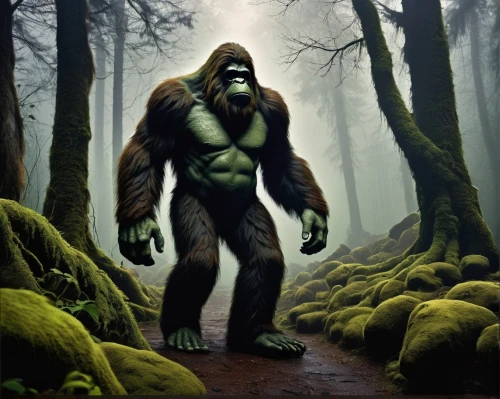 gigantopithecus,bigfoot,cryptozoology,sasquatch,gimlin,apeman,palaeopropithecus,yowie,prosimian,restoration,molossus,cryptozoological,virunga,ape,gorilla,patrol,gorgonians,silverbacks,silverback,krausert,Illustration,Realistic Fantasy,Realistic Fantasy 34