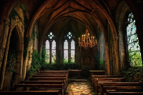 forest chapel,sanctuary,grotto,altar,chapel,sacristy,stained glass windows,haunted cathedral,stained glass,sanctum,cloister,presbytery,empty interior,gothic church,transept,stained glass window,cathedral,alcove,cloisters,crypt,Illustration,Realistic Fantasy,Realistic Fantasy 35