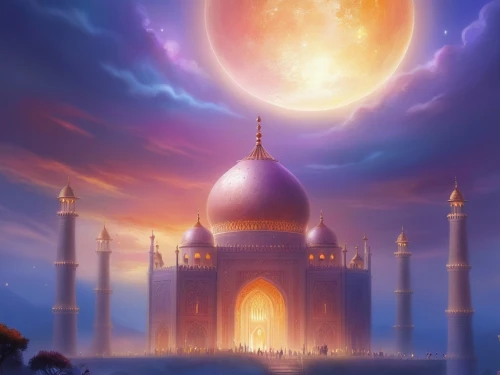 ramadan background,rem in arabian nights,agrabah,arabic background,ramadani,tajmahal,mosques,taj mahal sunset,tarawih,grand mosque,ramzan,saawariya,muslim background,islamic architectural,maghreb,azan,house of allah,aladdin,world digital painting,islamic lamps,Illustration,Realistic Fantasy,Realistic Fantasy 01