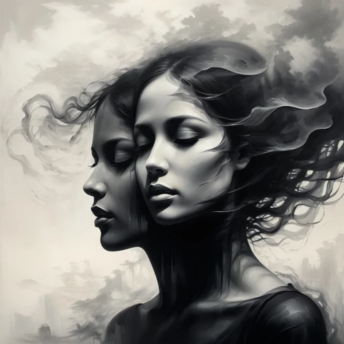 mystical portrait of a girl,charcoal drawing,priestesses,rhinemaidens,charcoal pencil,rone,world digital painting,jeanneney,digital painting,two girls,melancholia,fantasy portrait,gothic portrait,duplicity,heatherley,dennings,dussel,mournful,psyche,idealised,Illustration,Realistic Fantasy,Realistic Fantasy 17