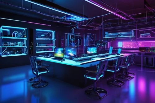 computer room,laboratory,neon human resources,the server room,cyberscene,lab,computerized,working space,laboratories,uv,3d render,computer workstation,computacenter,workstations,electroluminescent,cyberonics,neon light,ufo interior,lumo,neon coffee,Illustration,Retro,Retro 02