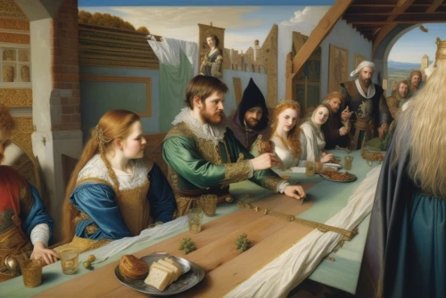 memling,holy supper,school of athens,moneychangers,trappists,last supper,holofernes,contemporary witnesses,raphaelites,protestants,gnomes at table,candlemas,long table,the production of the beer,luthiers,nativity of christ,puritans,church painting,bartolommeo,nativity of jesus,Illustration,Realistic Fantasy,Realistic Fantasy 03