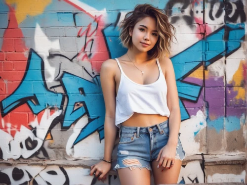 poki,midriff,jeans background,denim background,concrete background,colorful background,brick wall background,jia,chachi,crop top,cacia,jean shorts,girl in overalls,tipoki,street shot,stoessel,bea,crankily,ripped jeans,denim skirt,Conceptual Art,Daily,Daily 35