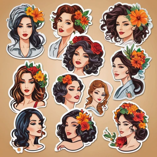 set of cosmetics icons,bunches of rowan,cartoon flowers,chicanas,retro flowers,icon set,fall icons,vintage flowers,gardenias,day of the dead icons,flower wall en,floral background,fairy tale icons,hairpieces,roses pattern,boho art style,retro 1950's clip art,leaf icons,fruits icons,floral wreath,Unique,Design,Sticker