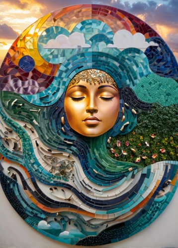 mother earth,mother earth statue,glass painting,earth chakra,dreamtime,oshun,spring equinox,sirena,hesperides,water lotus,sun moon,mother nature,pachamama,sun and moon,global oneness,floating island,nereid,hemispheric,layer of the sun,spiral art,Illustration,Abstract Fantasy,Abstract Fantasy 08