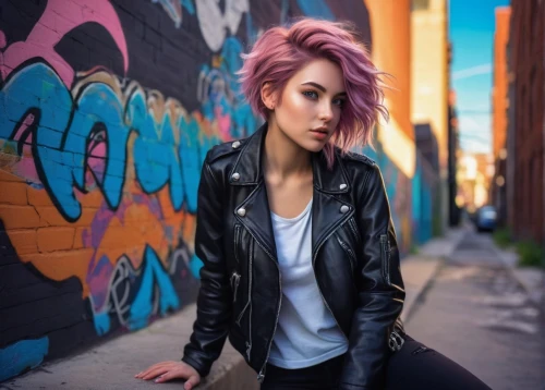 pink hair,tonks,punk,maeve,alleys,brick wall background,pink background,alleyways,colorful background,halsey,cayetana,chachi,leather jacket,purple background,punkish,portrait background,lauper,ashlee,concrete background,alleyway,Illustration,Retro,Retro 07