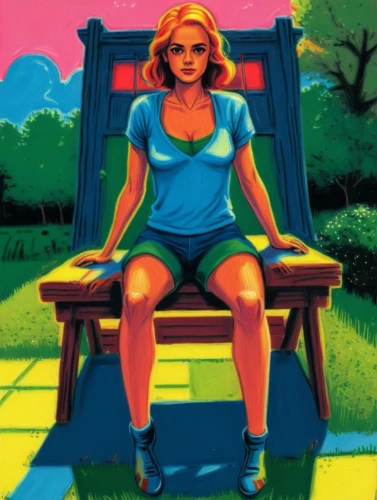 woman sitting,cool pop art,girl sitting,sitting on a chair,blumstein,pop art style,chairwoman,modern pop art,pop art woman,deckchair,pop art colors,pink chair,park bench,retro woman,popart,blonde on the chair,chair in field,deck chair,pop art girl,chair,Illustration,American Style,American Style 15