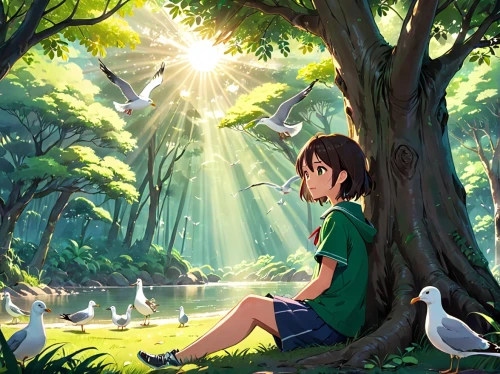 arrietty,studio ghibli,ghibli,yuhina,chihiro,kagome,takahata,girl with tree,children's background,girl and boy outdoor,forest background,bird kingdom,the girl next to the tree,nouaimi,fairy forest,bird bird kingdom,nature background,saria,beautiful wallpaper,frog background,Anime,Anime,Realistic