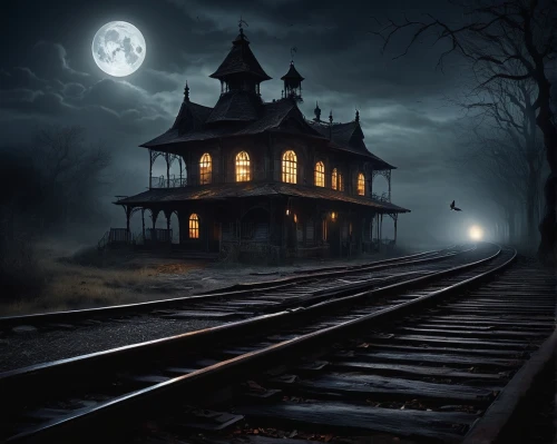 the haunted house,ghost train,haunted house,witch house,ghost locomotive,witch's house,lonely house,creepy house,ravenloft,darktown,halloween poster,halloween background,hauntings,wooden railway,haddonfield,bhoot,dreamhouse,halloween wallpaper,trainset,hauntingly,Illustration,Abstract Fantasy,Abstract Fantasy 16