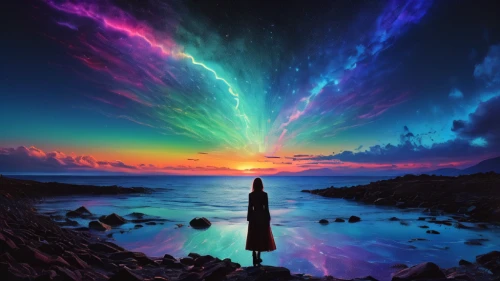 rainbow clouds,colorful light,the pillar of light,rainbow waves,electric lighthouse,lighthouse,rainbow and stars,easter island,light spectrum,bifrost,fairy chimney,rainbow background,northen light,epic sky,light cone,rainbow colors,rainbow pencil background,intense colours,splendid colors,rainbow,Photography,General,Fantasy