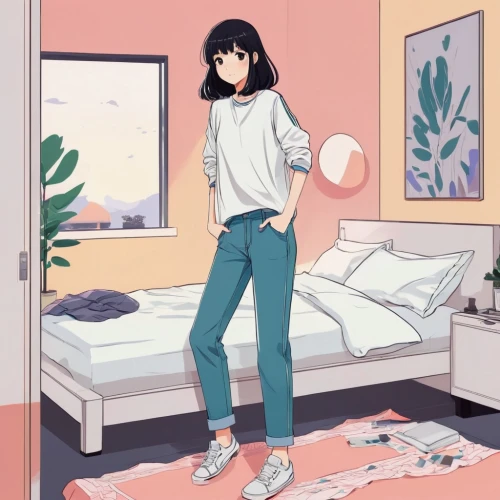 roominess,room,girl with speech bubble,bedroom,pastel colors,cute clothes,manhwa,holding shoes,dorm,pajamas,emiko,onitsuka,apartment,pajama,empty room,tatsuro,pastel wallpaper,sleepwear,clothes,sneakers,Illustration,Japanese style,Japanese Style 06
