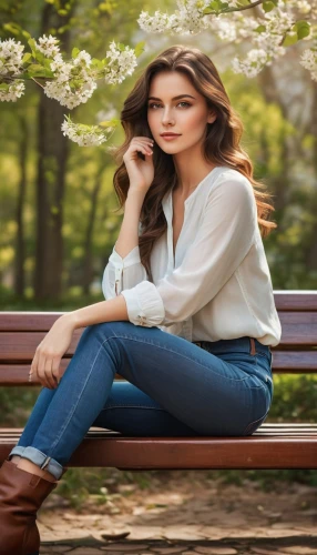 park bench,jeans background,wooden bench,woman sitting,girl sitting,female model,beautiful young woman,bench,women clothes,poise,portrait background,menswear for women,women fashion,young woman,sitting on a chair,mirifica,romantic look,relaxed young girl,pretty young woman,photographic background,Art,Artistic Painting,Artistic Painting 43