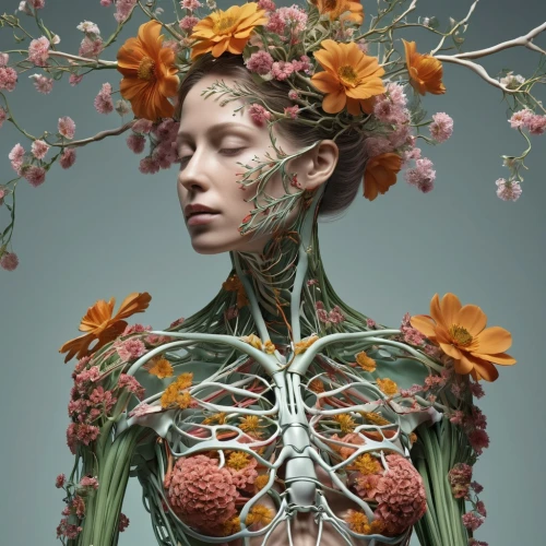 biophilia,flora,lymphatic,anatomical,girl in flowers,floral skull,sagmeister,girl in a wreath,ikebana,plastination,botanist,dryad,plastinated,flowerheads,bodypainting,bodypaint,floral design,biopiracy,botanicals,nervous system,Photography,General,Realistic