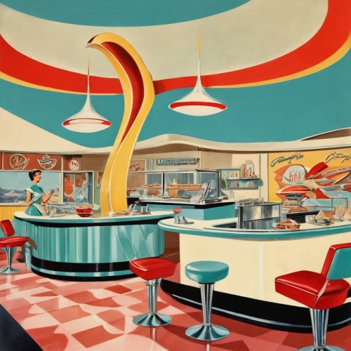 retro diner,mid century modern,mid century,jetsons,midcentury,googie,soda fountain,fifties,drive in restaurant,atomic age,tailfins,soda shop,diners,holiday motel,ice cream parlor,ufo interior,luncheonette,kitschy,diner,flying saucer,Illustration,Retro,Retro 12