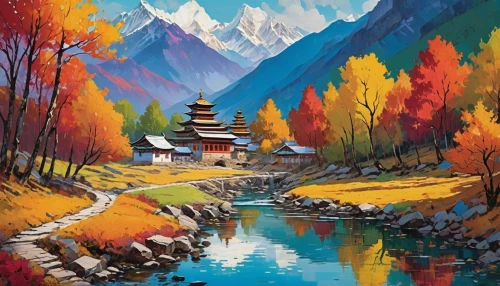 autumn mountains,autumn landscape,fall landscape,mountain landscape,mountain scene,annapurna,himalayan,landscape background,himalaya,autumn background,himalayas,world digital painting,bhutan,lijiang,autumn scenery,mountainous landscape,nepal,tianchi,mountain village,hunza,Conceptual Art,Oil color,Oil Color 25