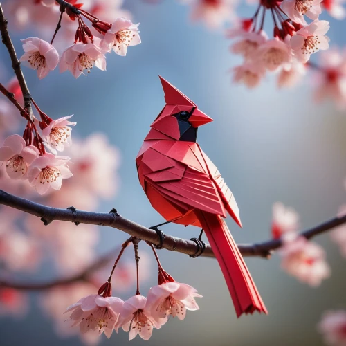 spring bird,bird flower,red bird,red cardinal,crimson finch,northern cardinal,beautiful bird,red beak,cardinalis,cardinals,bird on branch,nature bird,asian bird,colorful birds,male northern cardinal,spring nature,red feeder,red magnolia,pink robin,bird on tree,Conceptual Art,Fantasy,Fantasy 04