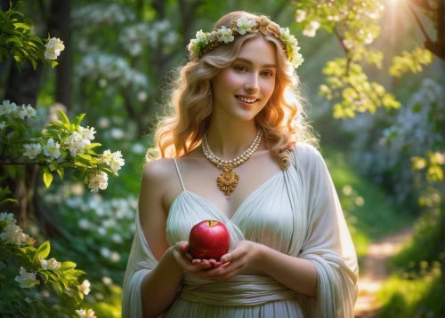 galadriel,woman eating apple,ostara,golden apple,jessamine,persephone,imbolc,kupala,ripe apple,maenad,margaery,frigga,mabon,apple harvest,margairaz,sigyn,blossoming apple tree,apple tree,demelza,titania,Art,Artistic Painting,Artistic Painting 04