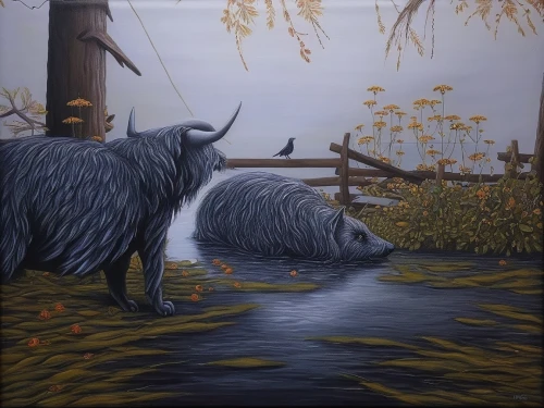 horned cows,buffalo herd,two sheep,two cows,yaks,wooden sheep,buffalo,oxen,buffalo herder,cow heron,koryaks,whimsical animals,hunting scene,pastoral,buffaloes,muskoxen,buffalos,two wolves,water buffalo,oil painting on canvas,Illustration,Abstract Fantasy,Abstract Fantasy 14