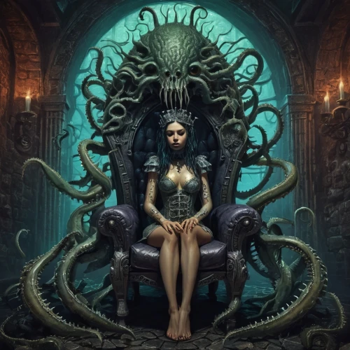 the throne,cthulhu,throne,lovecraftian,medusa,octopussy,octopus,azathoth,mordenkainen,lovecraft,medusa gorgon,vecna,tentacled,carcosa,tentacles,kraken,god of the sea,fantasy picture,narcosis,eldritch,Illustration,Realistic Fantasy,Realistic Fantasy 47