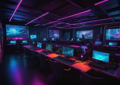 computer room,cybercafes,the server room,computacenter,colored lights,purple wallpaper,pink vector,black light,purpureum,blacklight,spaceship interior,workstations,purple and pink,neon,computer workstation,cyberport,cyberpunk,neon light,neons,fractal design,Illustration,American Style,American Style 09